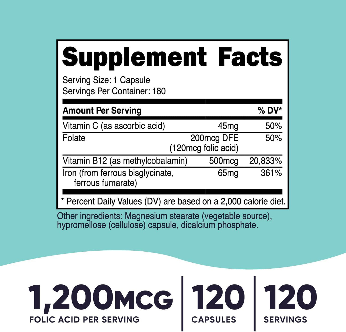 Nutricost Women Folic Acid with Biotin & Vitamin B12 1200mcg Supplement 120 Capsules