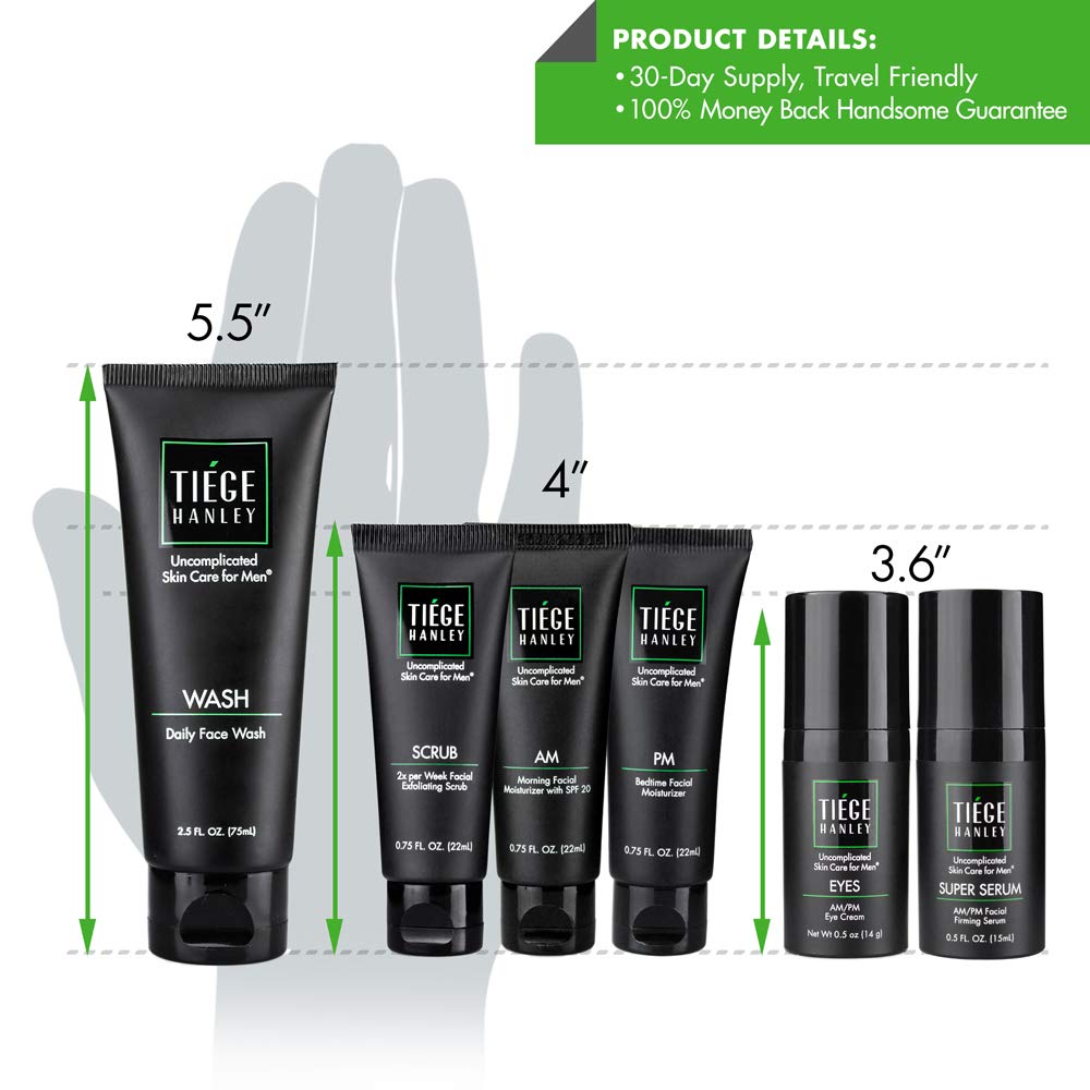 Tiege Hanley Men’s Skin Care System Level 3 Anti Aging Routine Product Set: Face Wash, Serum, Day & Night Moisturizer, Exfoliating Scrub & Eye Cream