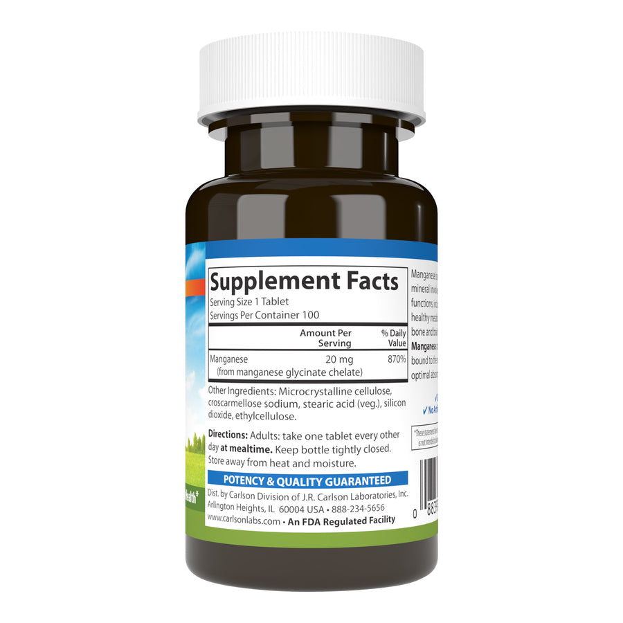 Carlson Chelated Manganese 20mg Superior Absorption 100 Tablets Bone Support, Healthy Metabolism & Brain Health