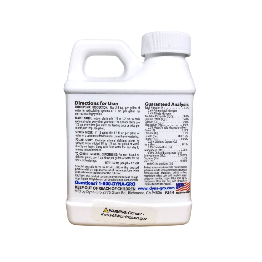 Dyna-Gro Grow Liquid Plant Food Enhance Plant Growth 7-9-5 8 Fl Oz (236.5ml)