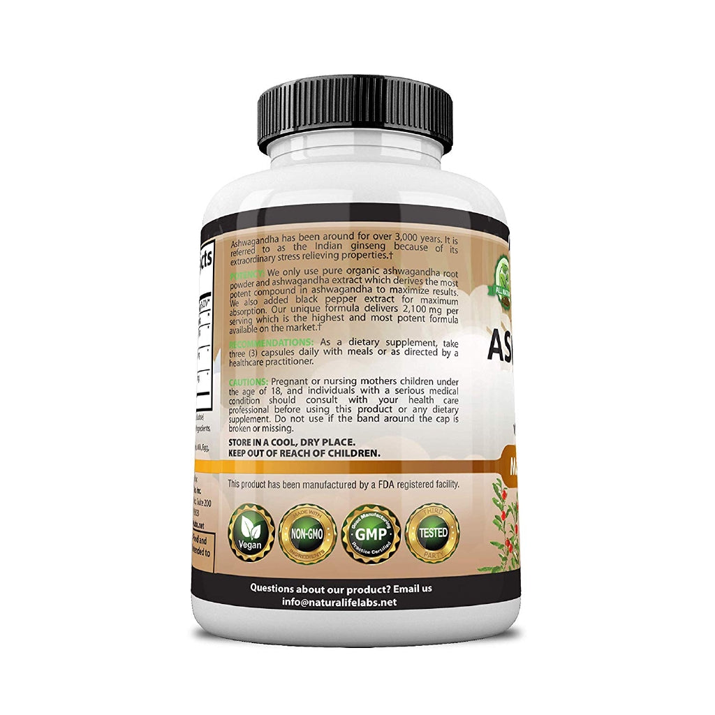 NaturaLife Labs Organic Ashwagandha 2,100 mg 100 Veggie Capsules
