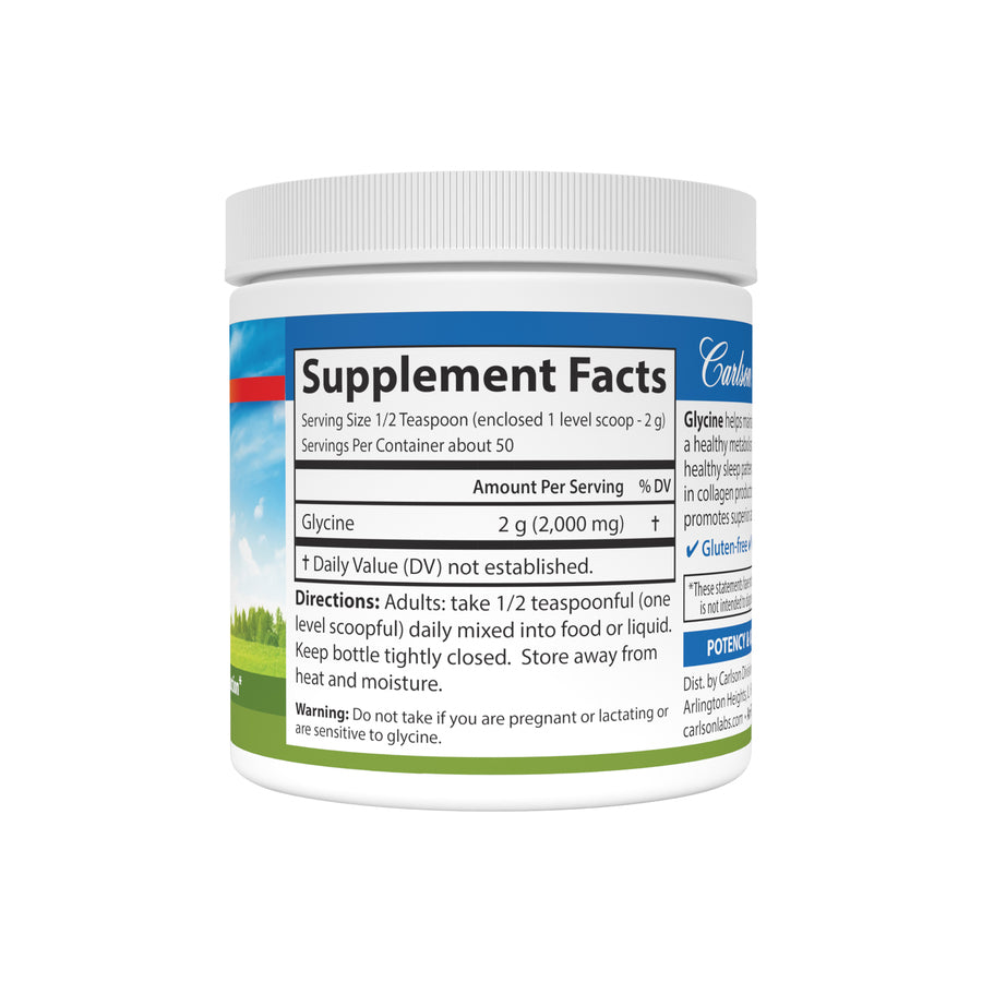 Carlson Glycine Powder Free-Form Amino Acid, 3.53 oz. / 100g Healthy Sleep, Energy Support & Collagen Production