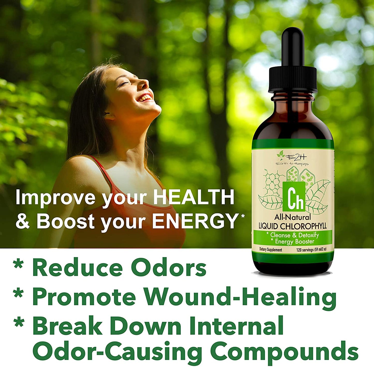 E2H EARTH TO HUMANS 100% All Natural Liquid Chlorophyll Drops, Energy, Digestion & Immune Booster, 120 Servings 59ml / 2 oz.