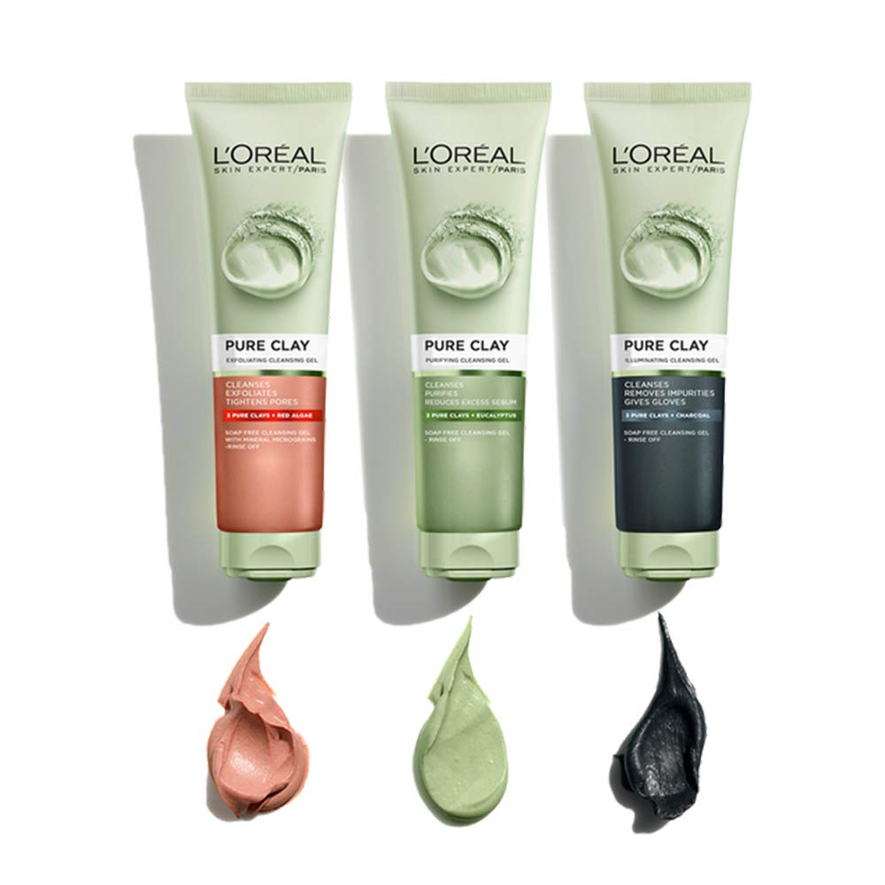 L'Oreal Paris Pure-Clay Facial Cleanser Daily Detox with 3 Pure Clays + Charcoal, 4.4 fl.oz / 130ml
