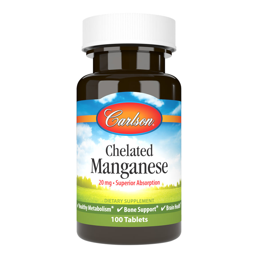 Carlson Chelated Manganese 20mg Superior Absorption 100 Tablets Bone Support, Healthy Metabolism & Brain Health