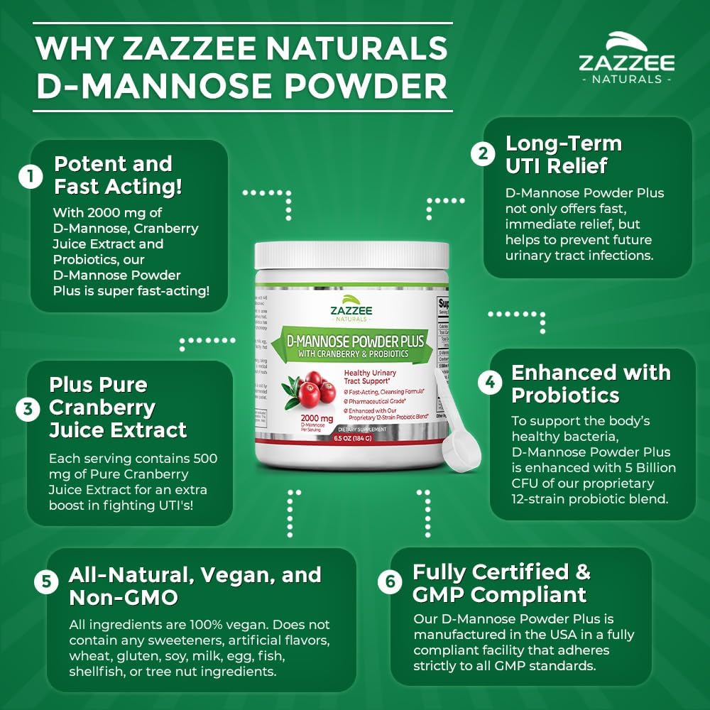 Zazzee D-Mannose Powder Plus with Cranberry & Probiotics 2000 mg, 184 g / 6.5 oz.