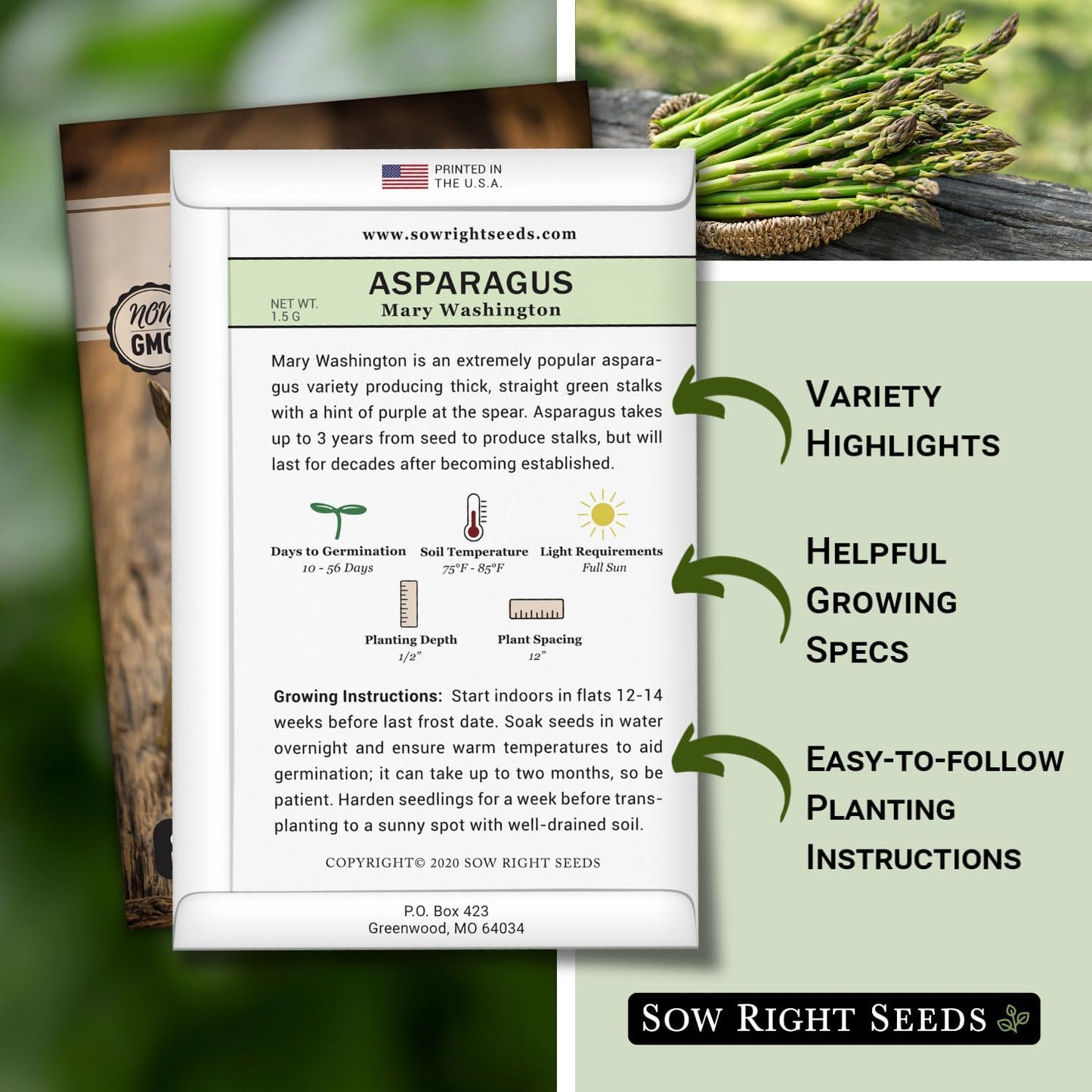 Sow Right Seeds Asparagus Mary Washington Seed for Planting 1.5g