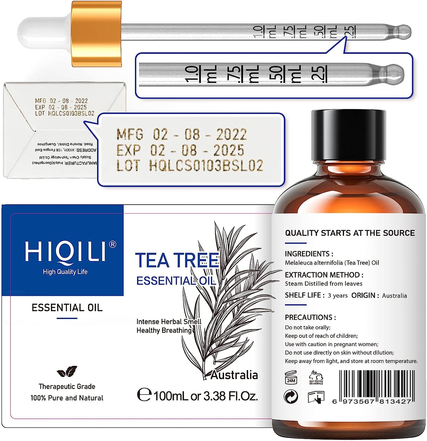 Hiqili Tea Tree Essential Oil Terapeutic Grade 100% Pure and Natural - 3.38 fl oz / 100ml