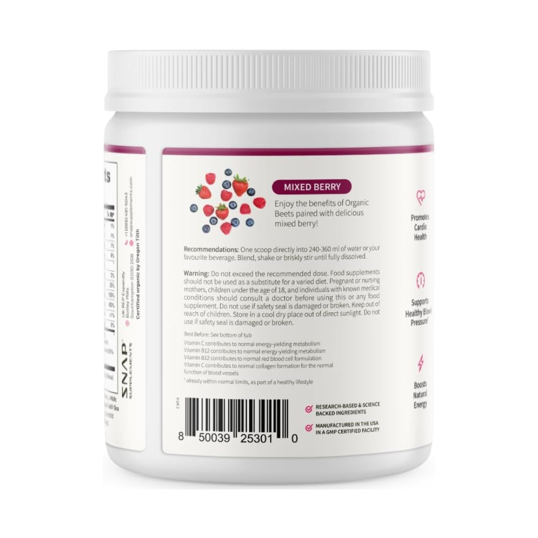 SNAP Supplements Nitric Oxide Organic Beets Mixed Berry Flavor, 8.8 oz. / 250g