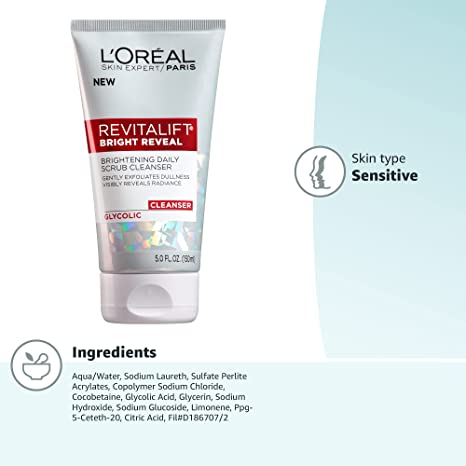 L'Oreal Paris Revitalift Bright Reveal Brightening Daily Scrub Cleanser Glycolic 5 Fl Oz (150ml)