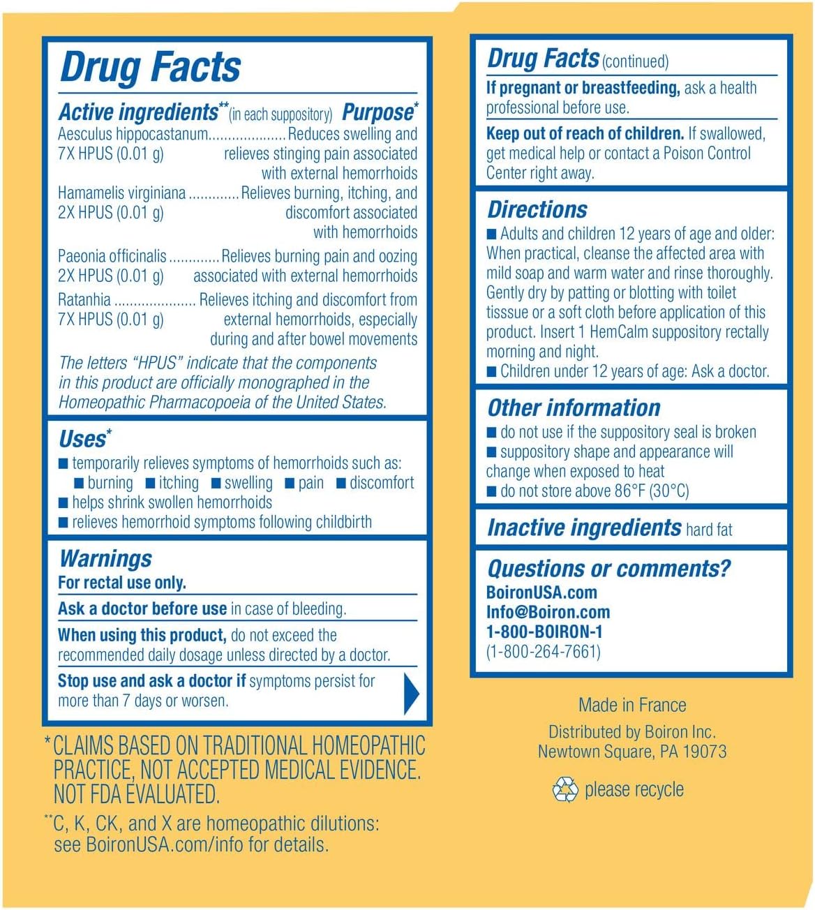 Boiron HemCalm Suppositories Homeopathic Medicine Hemorrhoid Relief 10 Suppositories
