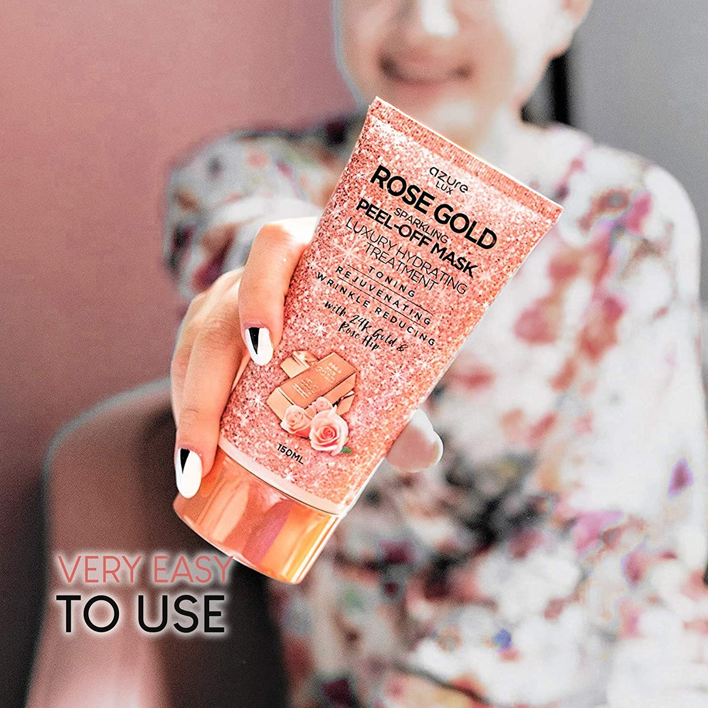 Azure Lux Rose Gold Sparkling Peel-Off Face Mask Luxury Hydrating Treatment with 24K Gold & Rose Hip, 150ml