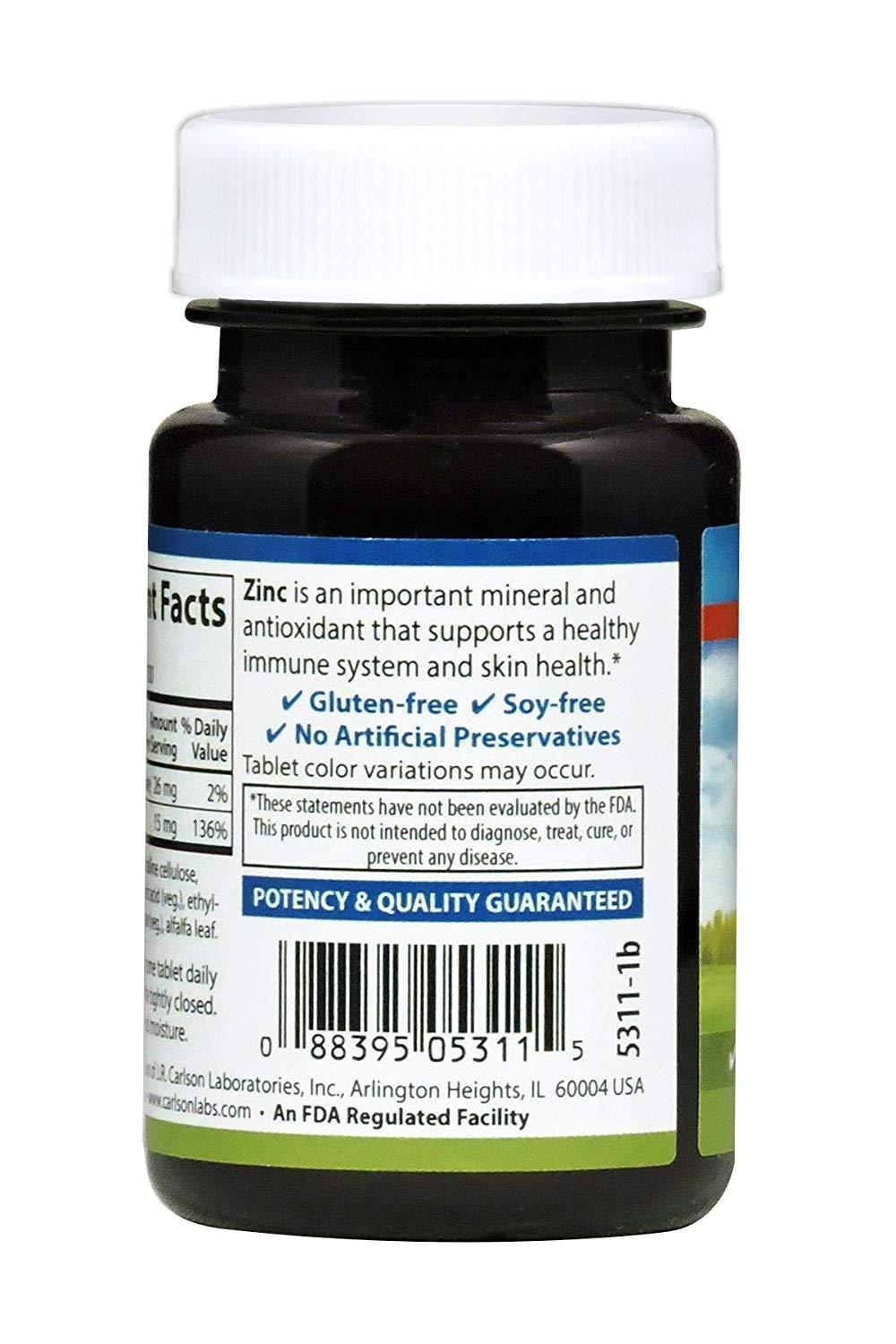 Carlson Zinc 15 mg 100 Tablets Immune Support, Antioxidant, Skin Health