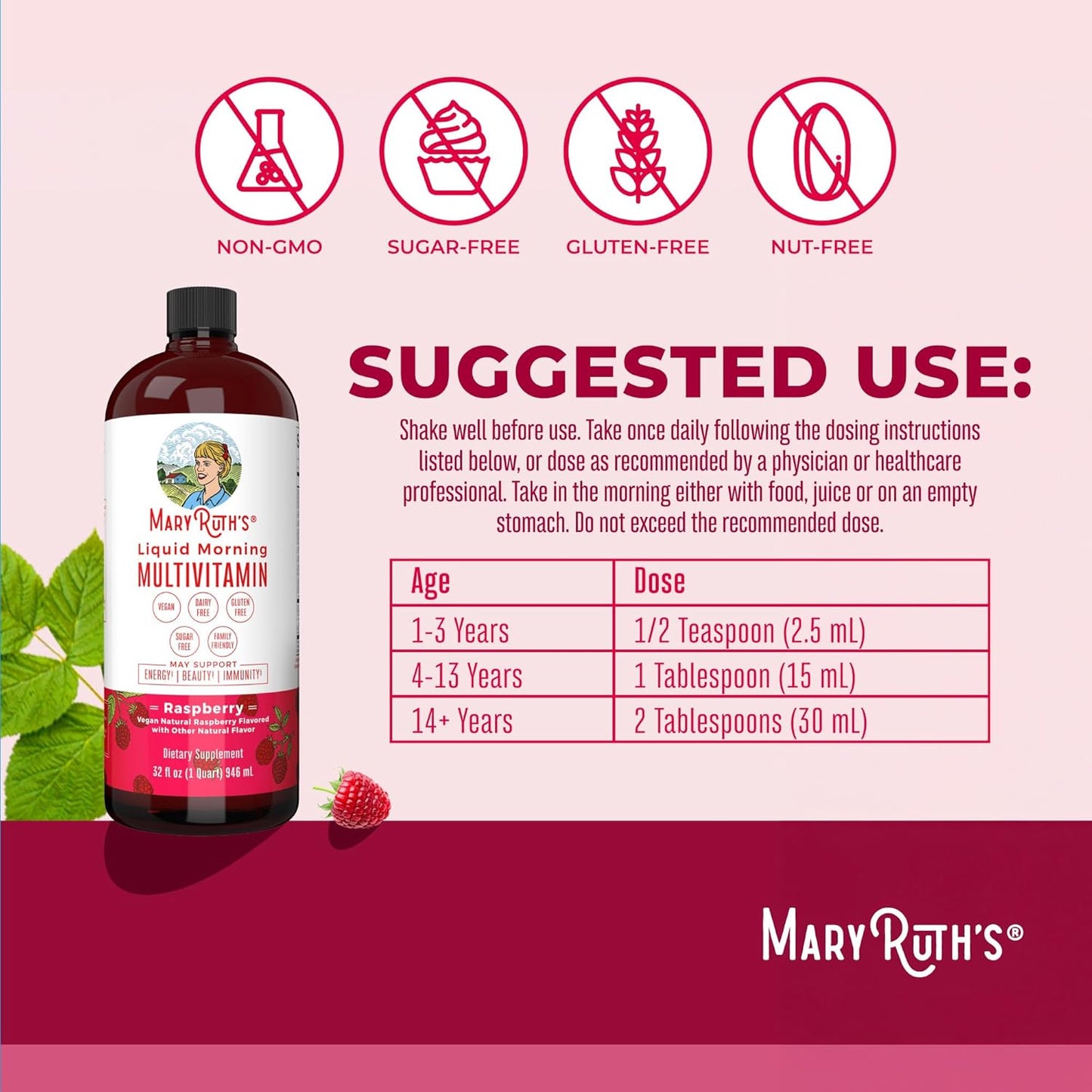 Mary Ruth's Liquid Morning Multivitamin Dietary Supplement Raspberry, 450 ml / 15.22 fl oz