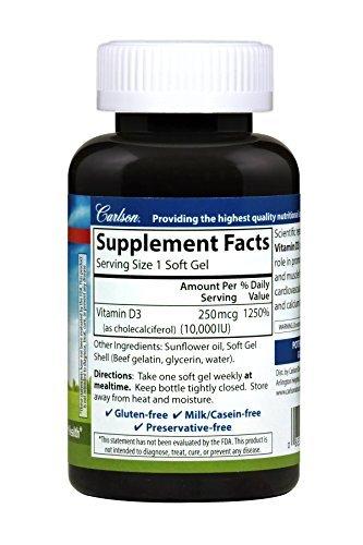 Carlson Vitamin D3 10,000 IU 120 Softgels Immunse Support, Heart Health