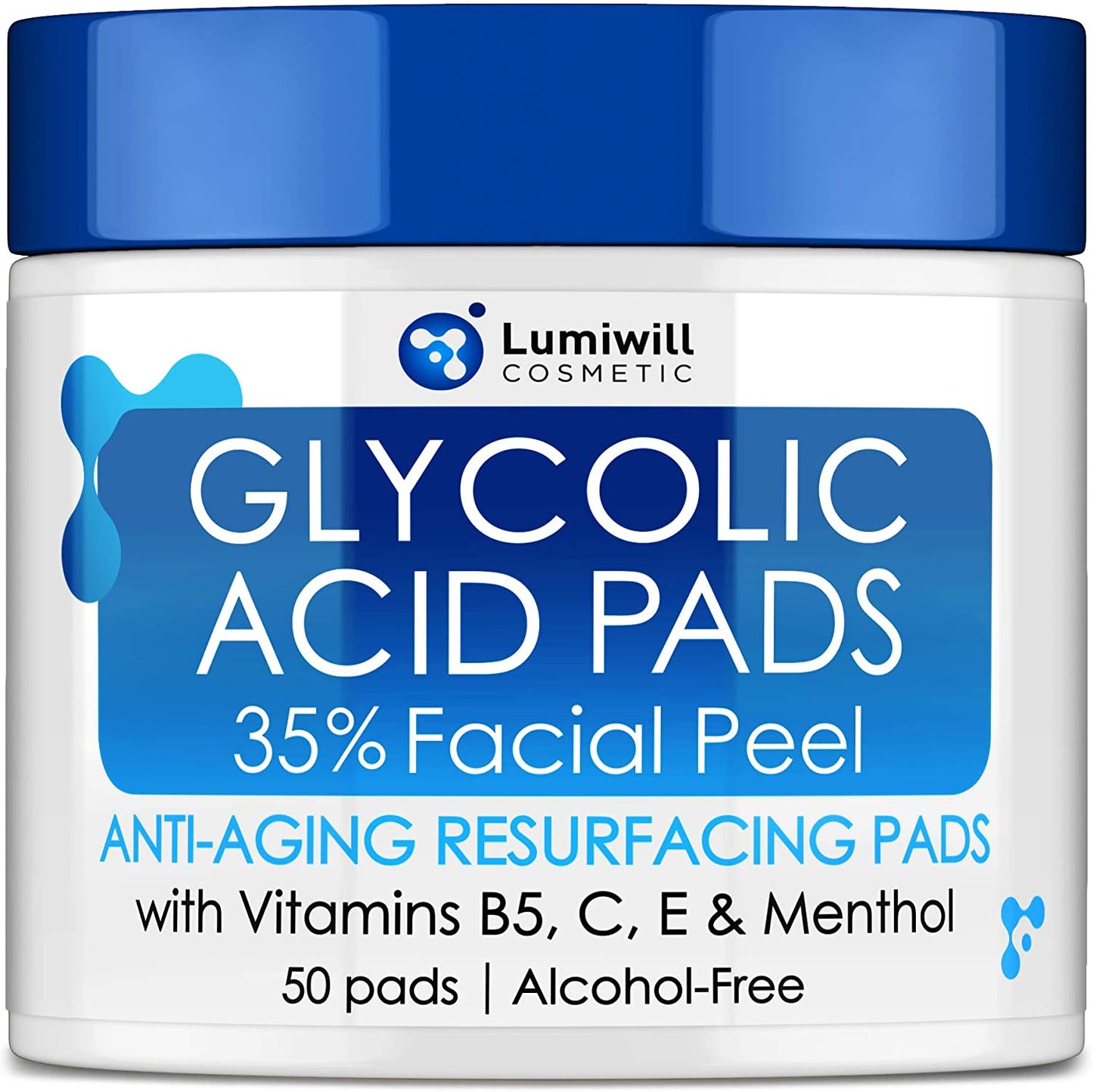 EXP Lumiwill Cosmetic Glycolic Acid Pads 35% Facial Peel Anti-Aging Resurfacing Pads with Vitamins B5, C, E & Menthol, 50 Pads
