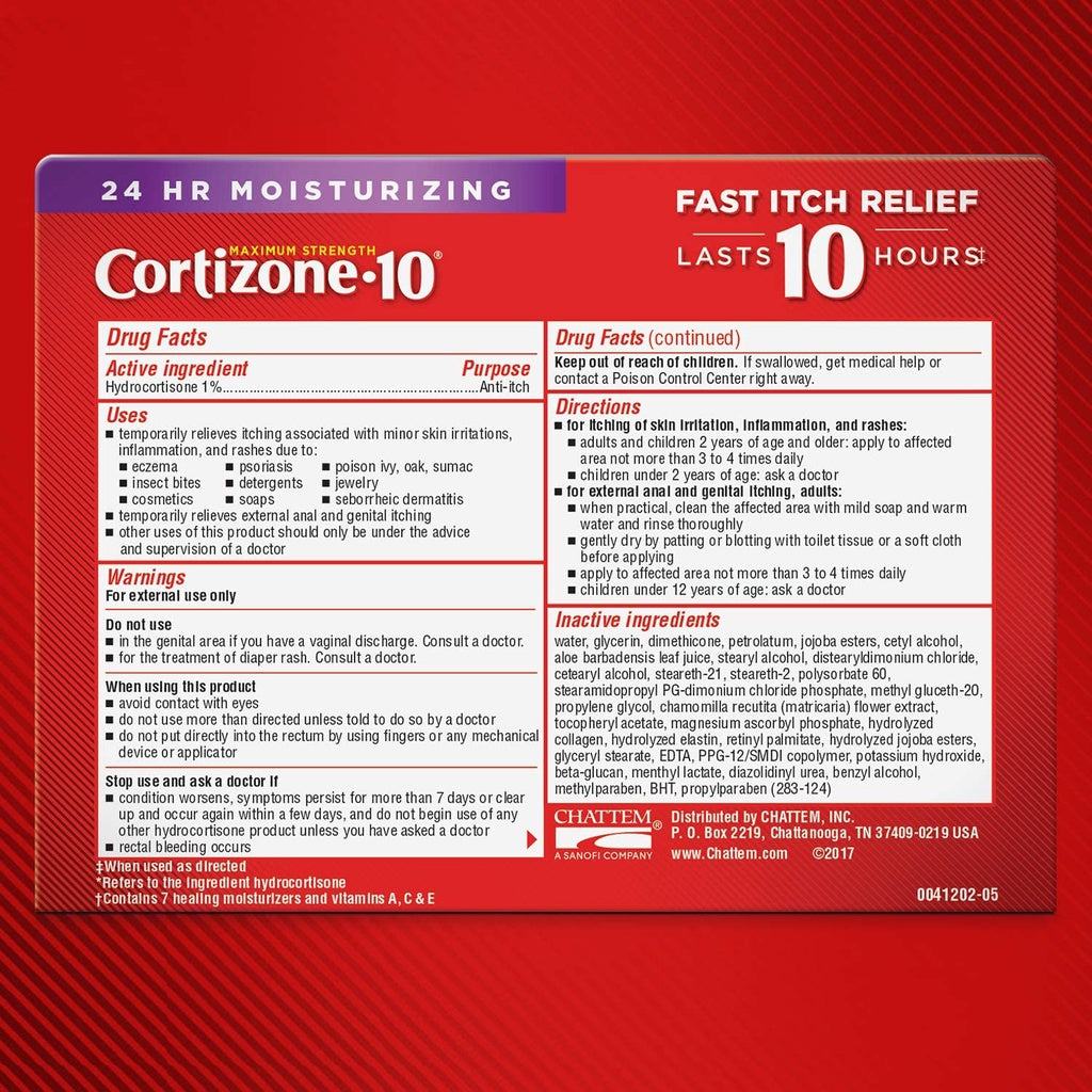 Cortizone 10 Maximum Strength 24HR Moisturizing Itch Relief Intensive Healing Formula, 2 oz. / 56g Anti-Itch Cream PACKAGING MAY VARY