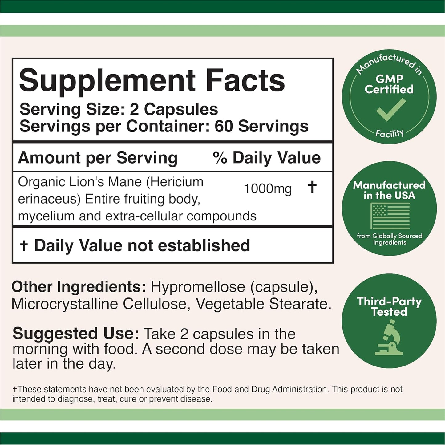 Double Wood Lion's Mane Mushroom 500mg Supplement 120 Capsules