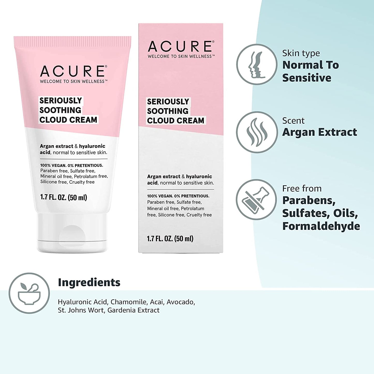 ACURE Seriously Soothing Cloud Cream with Argan Oil & Hyaluronic Acid, 1.7 fl.oz / 50ml