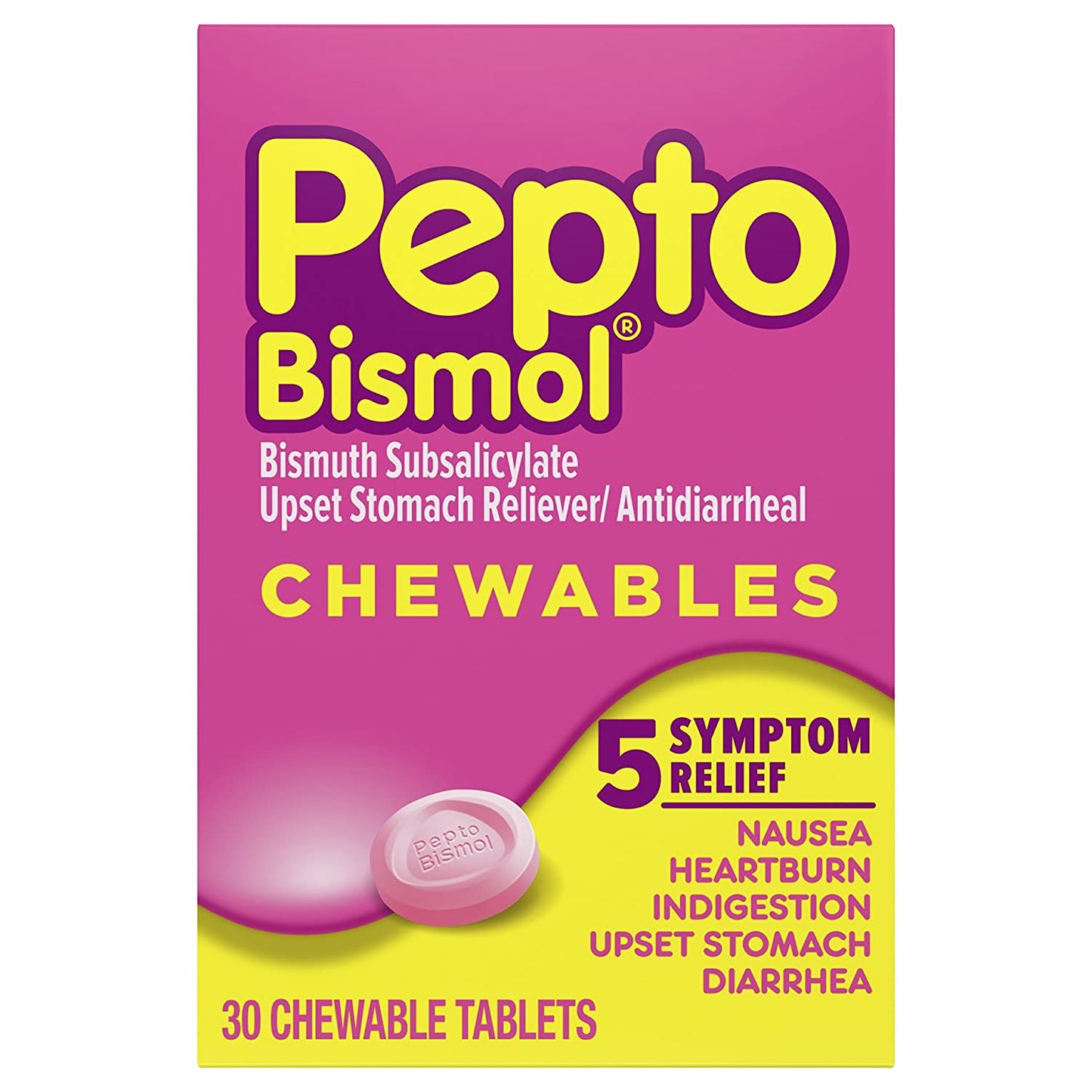 Pepto Bismol Chewables 5 Symptom Stomach Relief Original Flavor, 30 Chewable Tablets