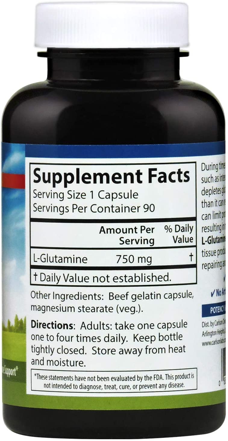 Carlson L-Glutamine 750 mg, 90 Capsules Free Form Amino Acid