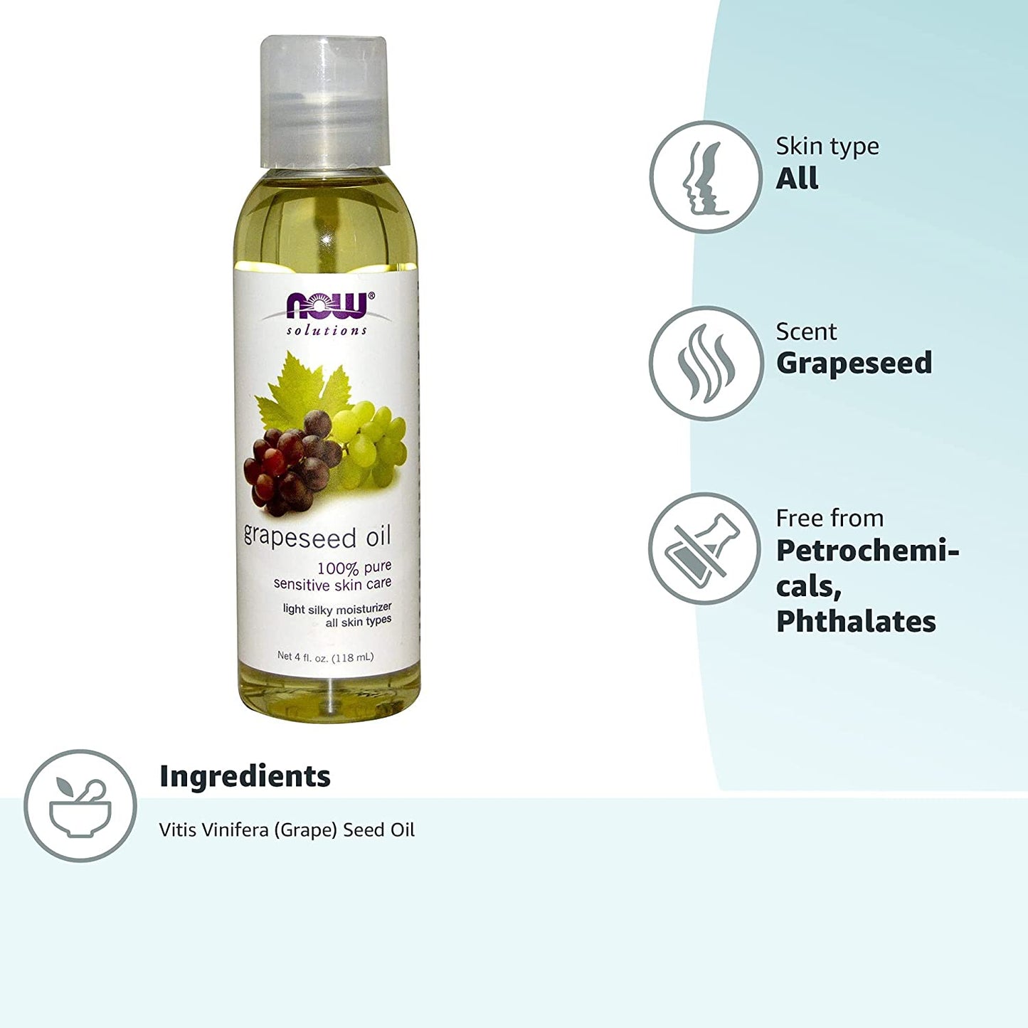 Now Solutions Grapeseed Oil 100% Pure Sensitive Skin Care Light Silky Moisturizer 4 Fl Oz (118ml)