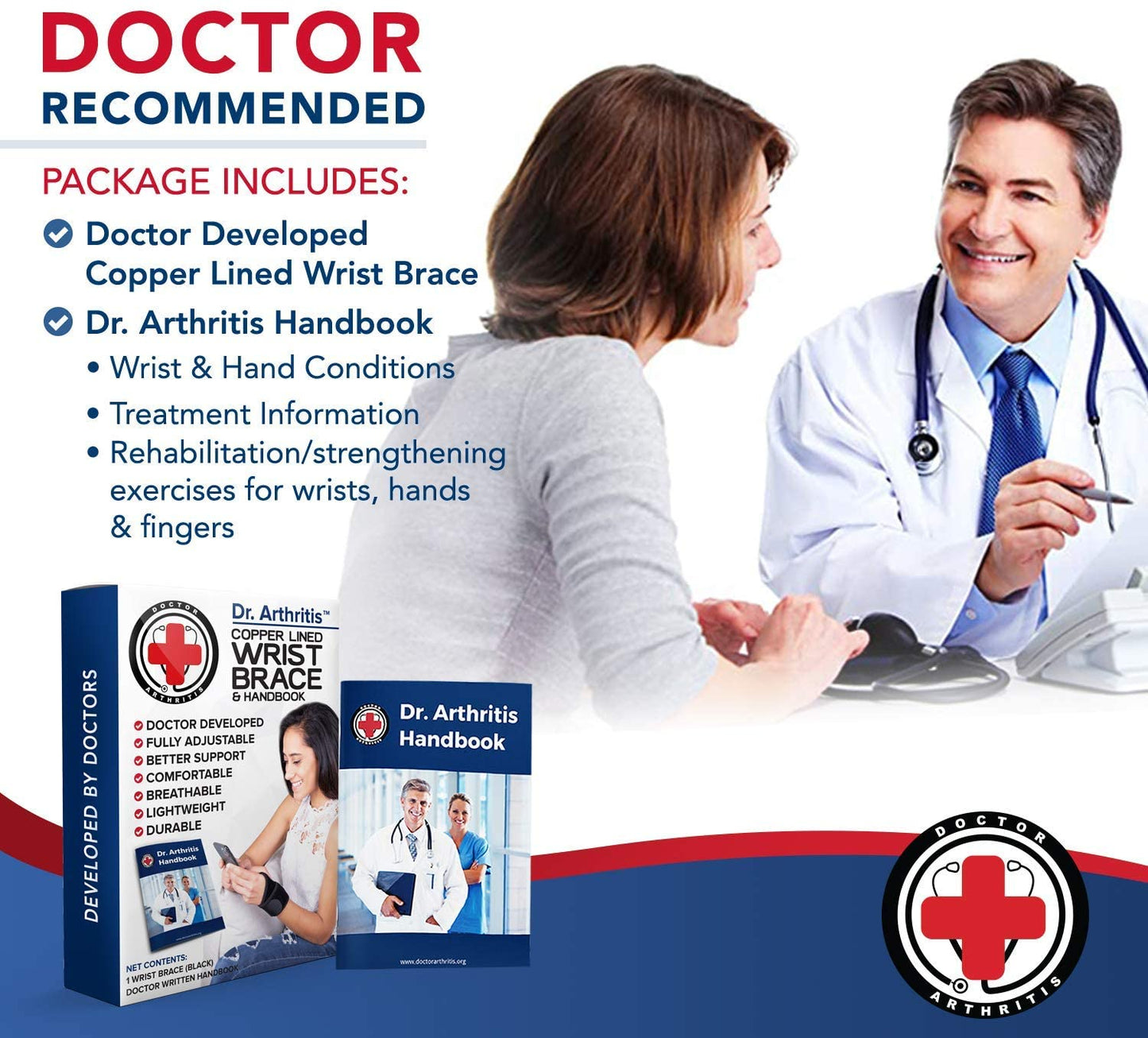 Dr. Arthritis Black Copper Lined Wrist Brace & Handbook Right & Left Hands 1 Pair PACKAGING MAY VARY