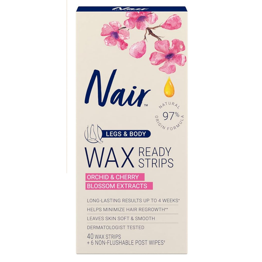 Nair Wax Ready Strips for Legs & Body, 40 Wax Strips + 6 Non-Flushable Wipes