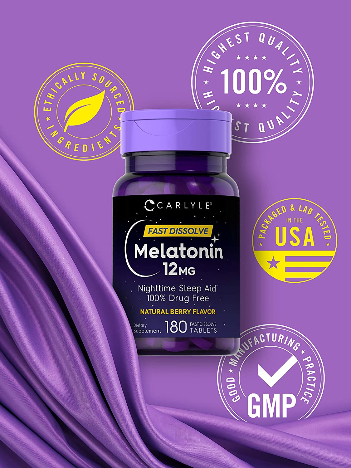 Carlyle Melatonin 12 mg Nighttime Sleep Aid, Natural Berry Flavor, 180 Tablets