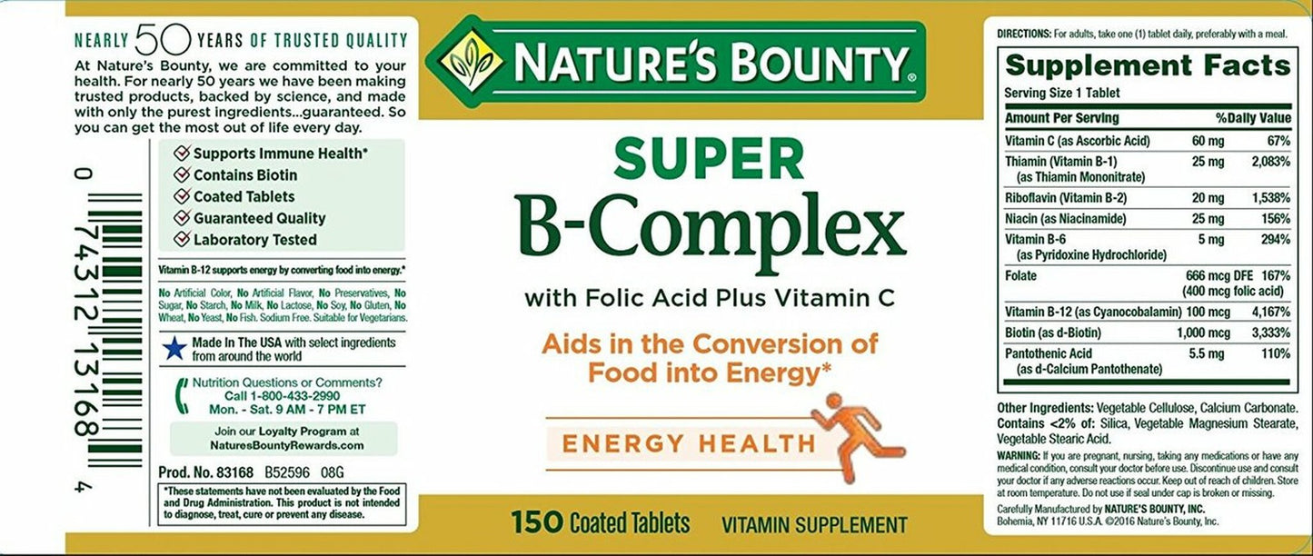 Nature's Bounty Super B - Complex with Folic Acid Plus Vitamin C Energy Health 150 Coated Tablets