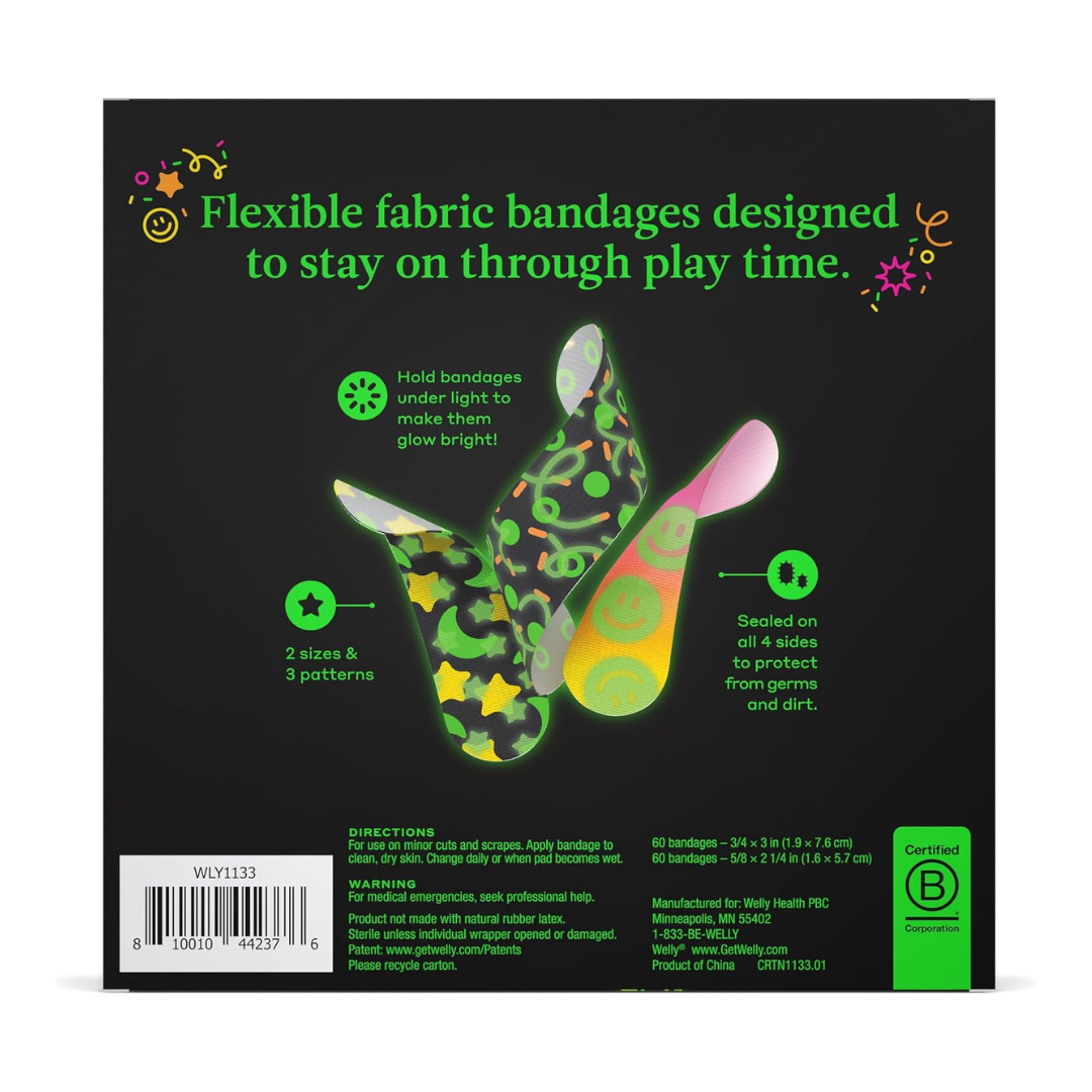 Welly Flex Fabric Bandages Refill Pack Glow In The Dark 120 Count Assorted