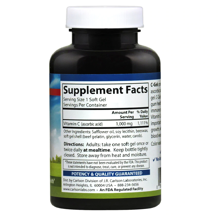 Carlson Vitamin C C-Gels 1000 mg 100 Softgels Immune Support & Heart Health