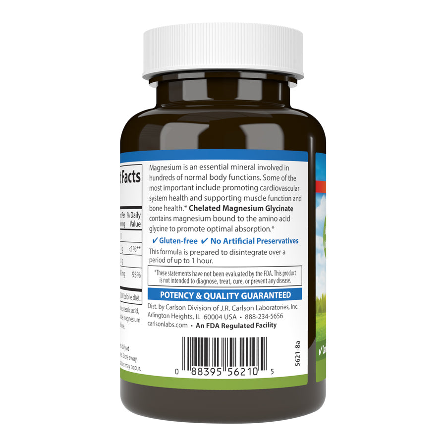 Carlson Chelated Magnesium Glycinate 400mg 120 Tablets for Cardiovascular Health, Muscle Function & Bone Support