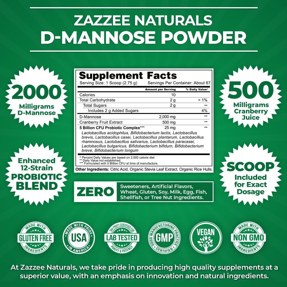 Zazzee D-Mannose Powder Plus with Cranberry & Probiotics 2000 mg, 184 g / 6.5 oz.
