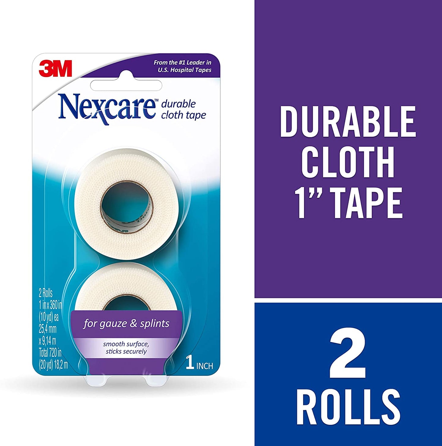 Nexcare Durable Cloth First Aid Tape, For Gauze & Splints, 1 inch, 2 rolls