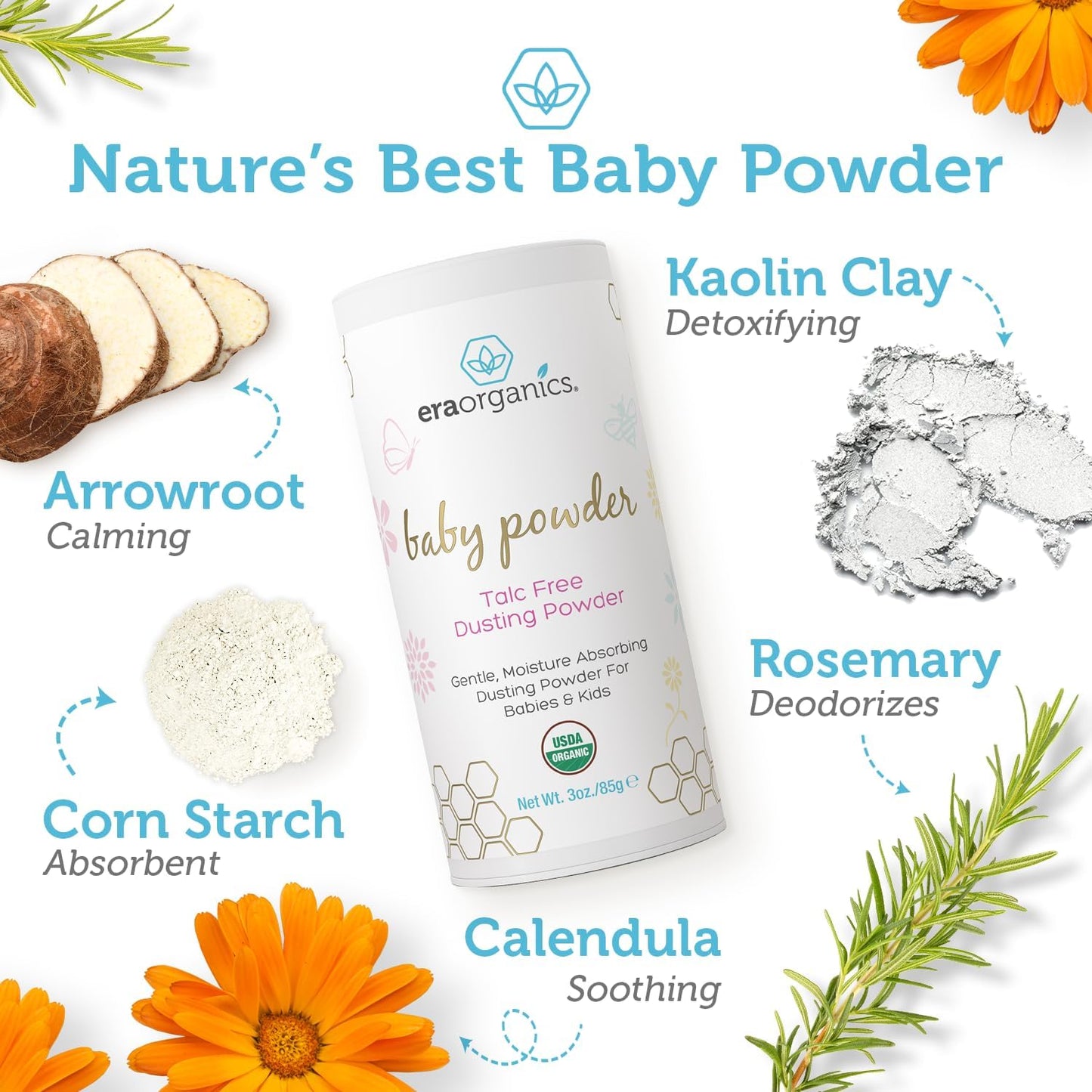 Eraorganics Baby Powder Gentle, Moisture Absorbing Dusting Powder 3 oz / 85g