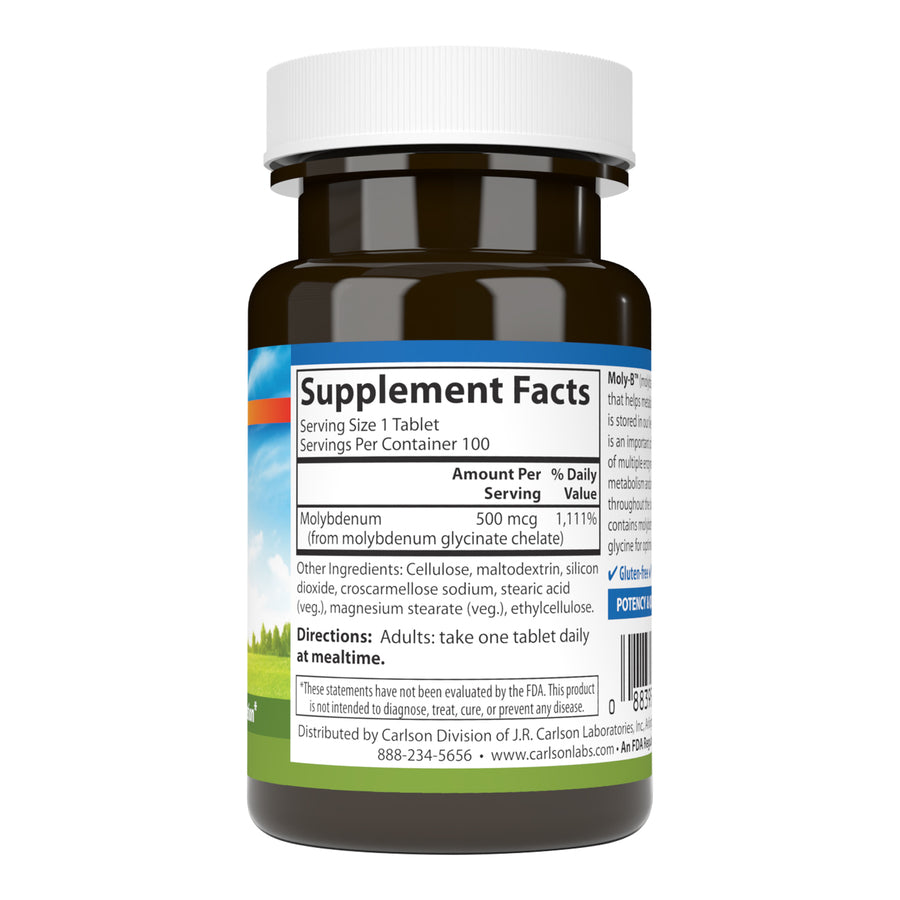 Carlson Moly-B Chelated Molybdenum 100 Vegetarian Tablets Metabolism Support & Enzyme Activation