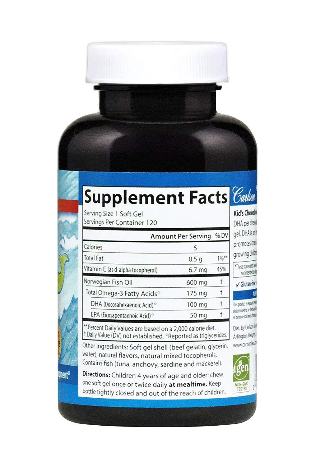 Carlson Kid's Chewable DHA Bursting Orange Flavor 100 mg 120 Softgels Brain, Vision, Growth Development