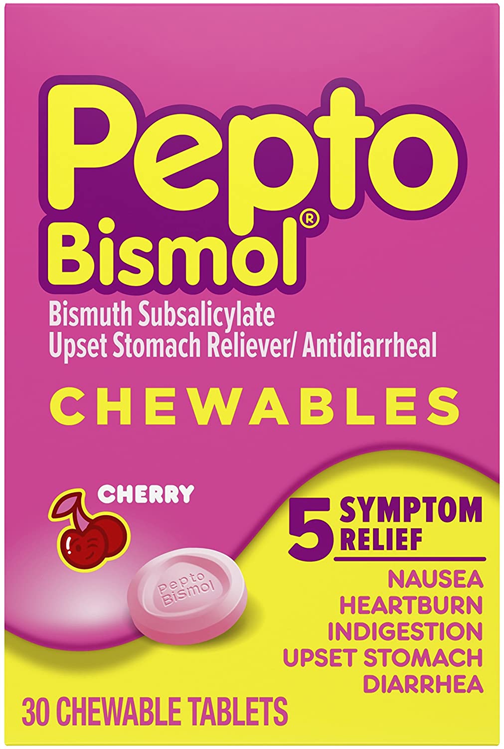 Pepto Bismol Cherry Flavor for Relief of Gas, Anti Diarrhea, Heartburn, Nausea, Upset Stomach, and Indigestion 30 Chewable Tablets