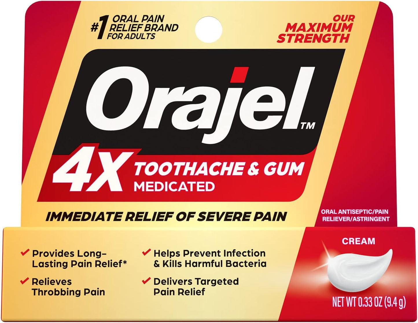 Orajel 4X Strength Toothache & Gum Relief Cream, 0.33 Oz PACKAGING MAY VARY