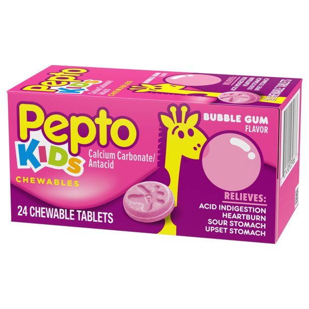Pepto Kids Chewables Calcium Carbonate/Antacid Bubble Gum Flavor, 24 Chewable Tablets