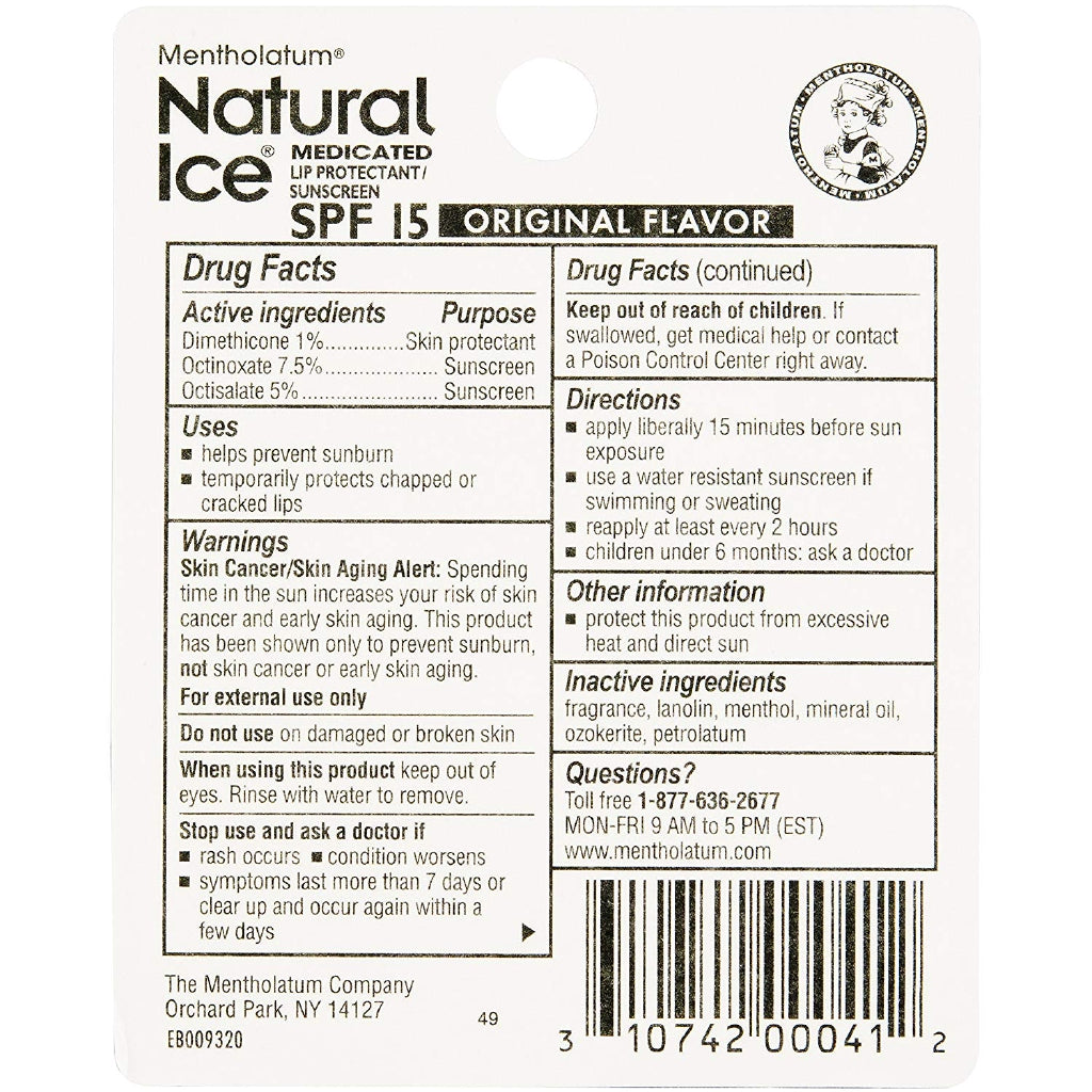 AUTHENTIC Mentholatum Natural Ice Medicated Lip Balm Original SPF 15, 0.16 oz. / 4.5g