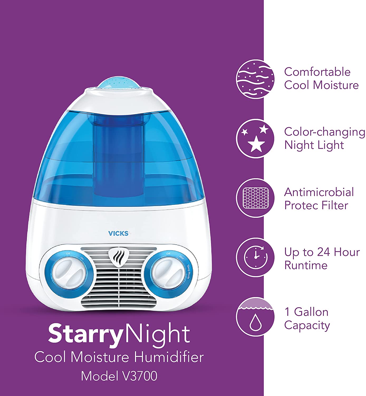 Vicks Starry Night Cool Moisture Humidifier, 1 Gal. Medium Room Size, V3700VV2