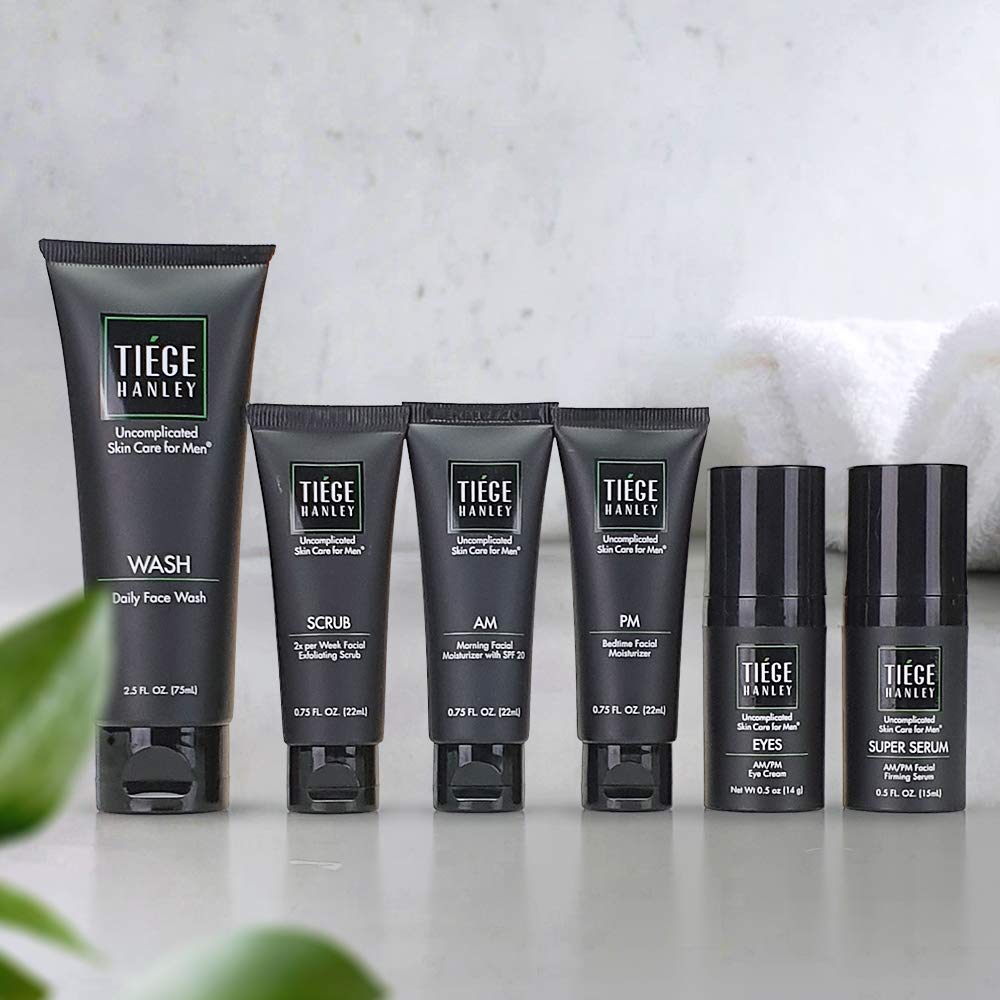 Tiege Hanley Men’s Skin Care System Level 3 Anti Aging Routine Product Set: Face Wash, Serum, Day & Night Moisturizer, Exfoliating Scrub & Eye Cream