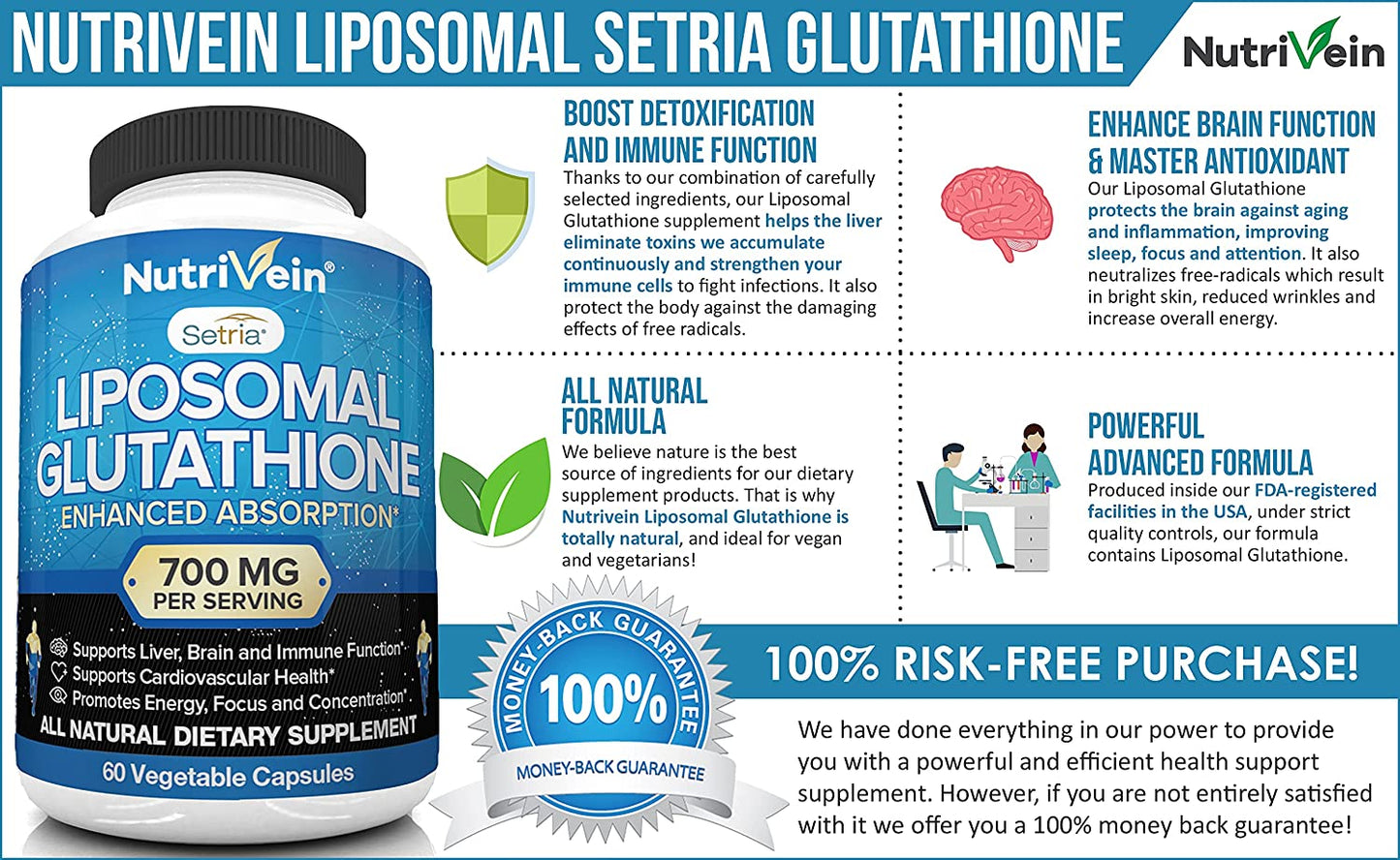 Nutrivein Liposomal Glutathione Enhanced Absorption 700 mg Per Serving, 60 Vegetable Capsules