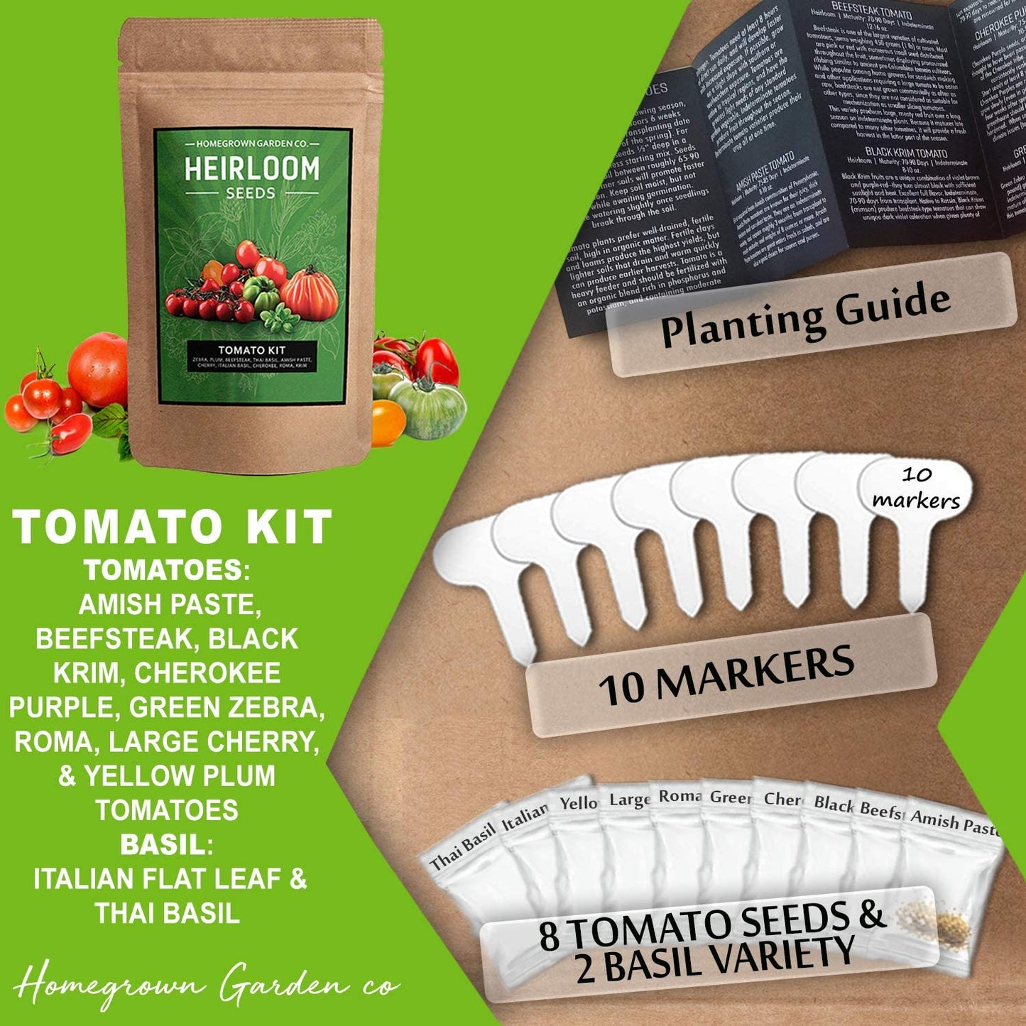 Heirloom 8 Tomato Seeds and 2 Basil Herb Pack Zebra, Roma, Yellow Plum and More (PACKAGING MAY VARY)