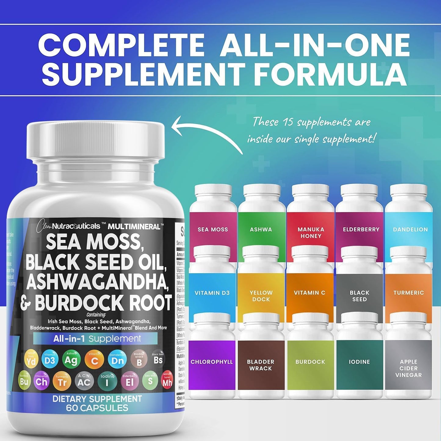 Nutraceuticals Sea Moss, Black Seed Oil, Ashwagandha & Burdock Root Supplement 60 Capsules
