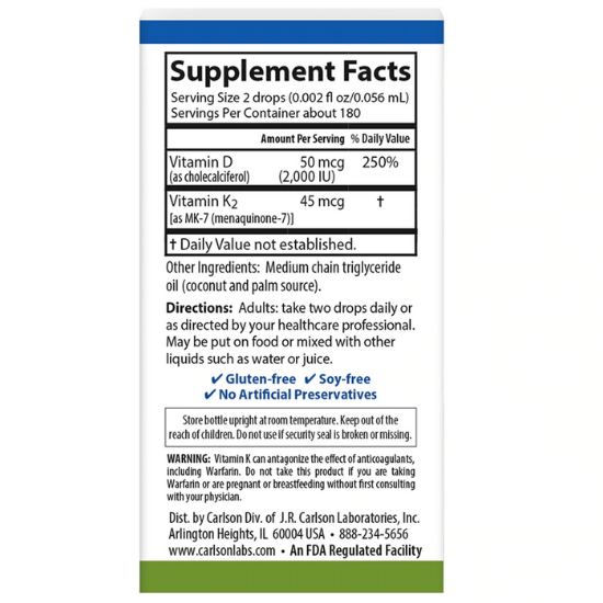 Carlson Super Daily D3 + K2 2,000 IU 360 Vegetarian Drops 0.34 fl oz / 10.16 mL
