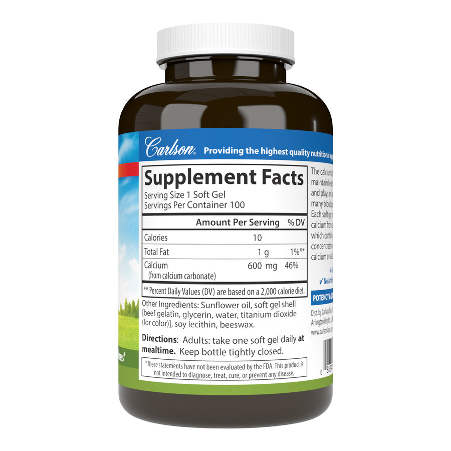 Carlson Liquid Filled Cal-600 Calcium 600mg 100 Soft Gels Bone Support, Healthy Teeth & Optimal Wellness