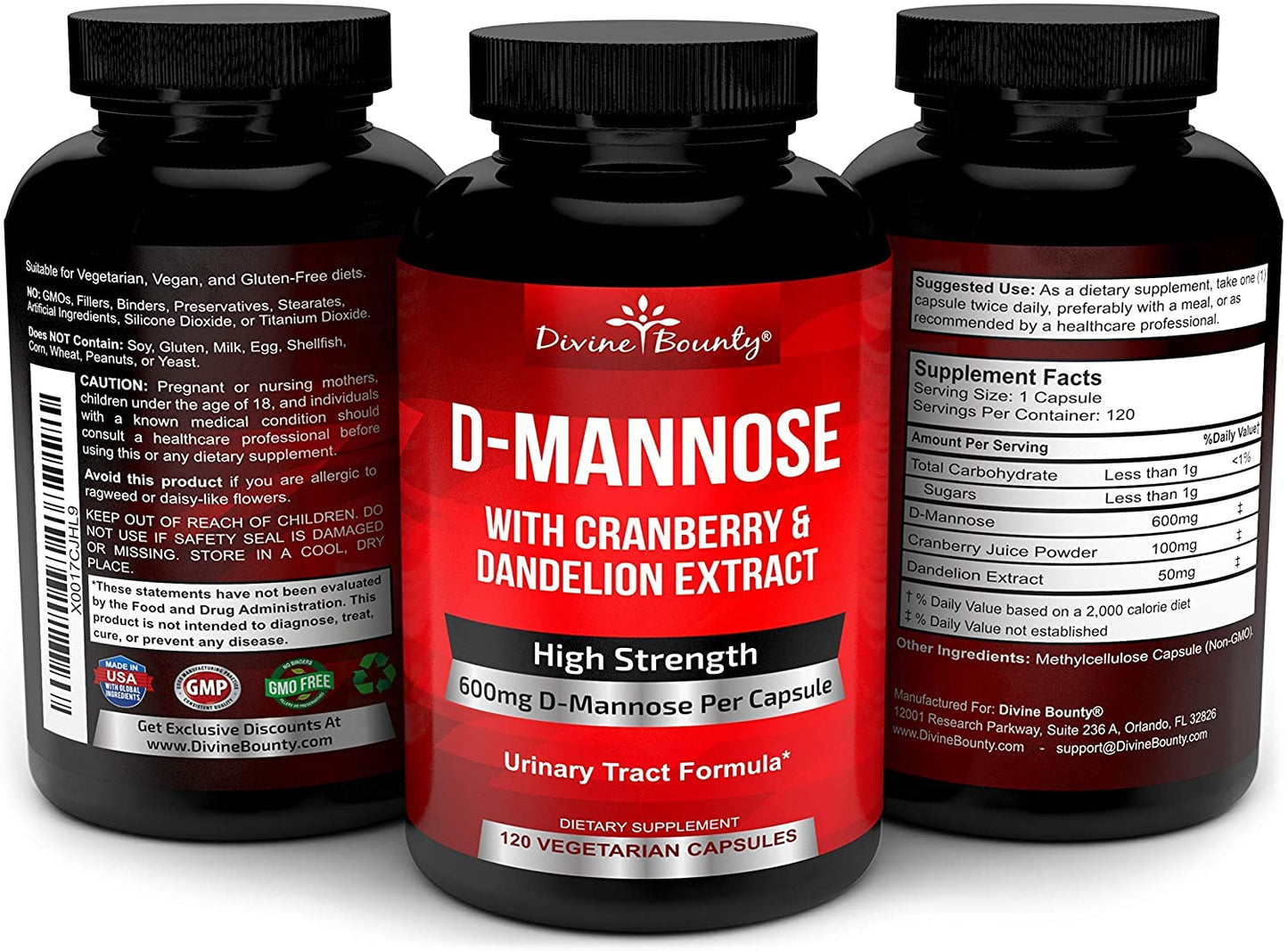 Divine Bounty D-Mannose with Cranberry & Dandelion Extract 600 mg, 120 Vegetarian Capsules Support Normal Urinary Tract Health